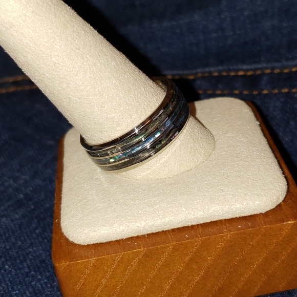 NEW Mens Tungsten Carbide inlaid Shells Blue Opal Statement Ring Gifts Unisex - Picture 12 of 16